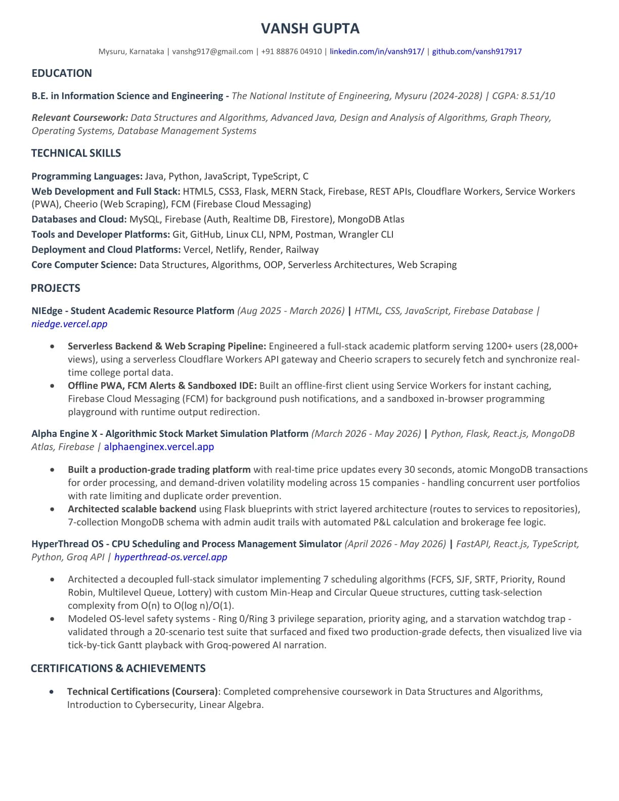 Preview of Vansh's resume first page
